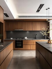 Fototapeta premium Contemporary kitchen features with wood and dark gray cabinets