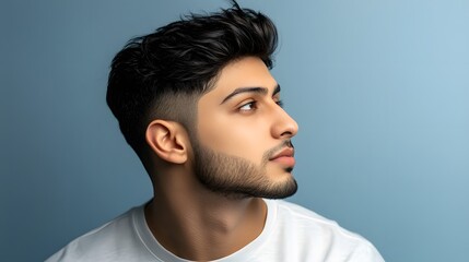 Fototapeta premium Handsome Young Man Profile Portrait, Stylish Hair, Blue Background