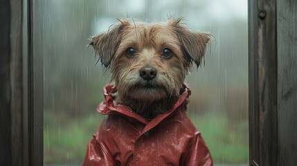 Dog in red raincoat waiting by doorway outdoor setting pet rainy environment close-up perspective emotional connection