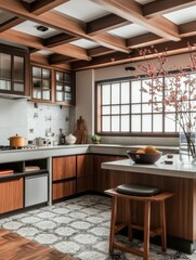 A modern interior kitchen with a wood ceiling and cabinetry