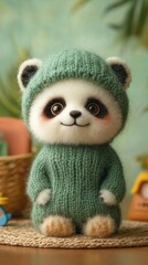 Fototapeta premium Sophisticated Anthropomorphic Characters in Modern Settings Cute Baby Panda in Knitted Hat and Outfit