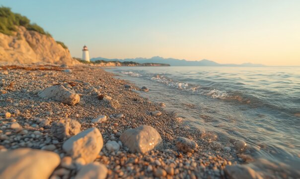 Sunrise Coastal Scene Pebbles Beach and Calm Ocean Waves with Distant Lighthouse