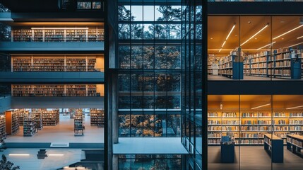 Architectural library features multiple floors seen through a glass facade