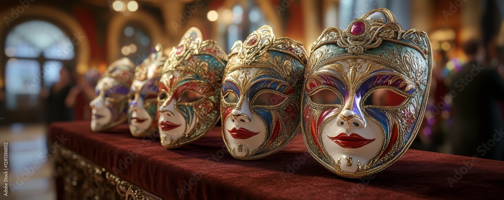 Poster a row of intricately designed decorative masks displayed on a velvet table in an elegant setting, sh