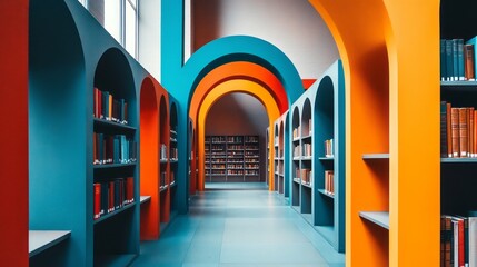 Library corridor features colorful archways and overflowing bookshelves