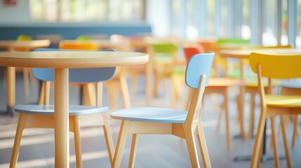 Serene Early Morning Cafe Atmosphere with Empty Tables and Chairs under Ambient Lighting