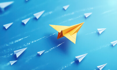 Fototapeta premium The yellow paper airplane takes the lead in flying