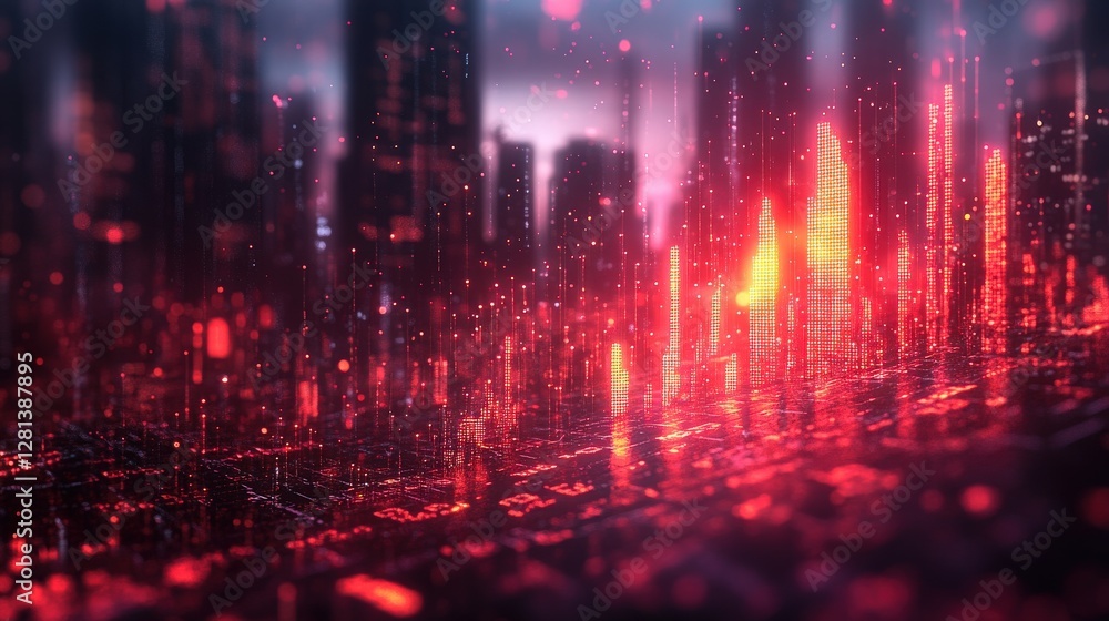 Poster vibrant cityscape at dusk with glowing data streams and abstract light patterns in the background
