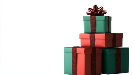 Obraz premium minimal photostock of a Different green and red christmas gift boxes stacked isolated on white background, PNG , isolated on white background, , copy space, copy space for text,