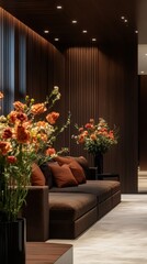 Elegant Living Room Interior with Brown Sofa and Vibrant Floral Arrangements in a Modern Home Decor Setting
