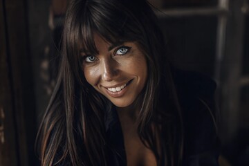 Portrait of a smiling young woman with blue eyes and long brown hair – Natural light and warm colors