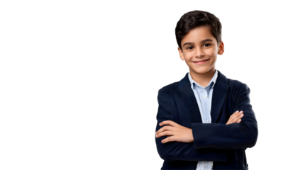Portrait of a smiling boy wearing a jacket, posed with arms crossed, isolated on transparent background
