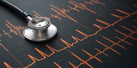 Stethoscope resting on an electrocardiogram with heart rate waves displayed.