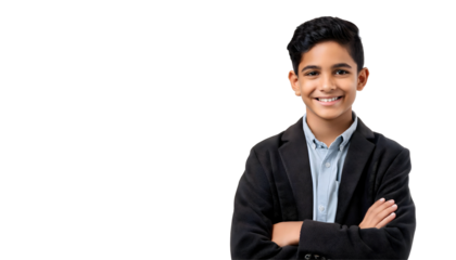 Portrait of a smiling boy wearing a jacket, posed with arms crossed, isolated on transparent background