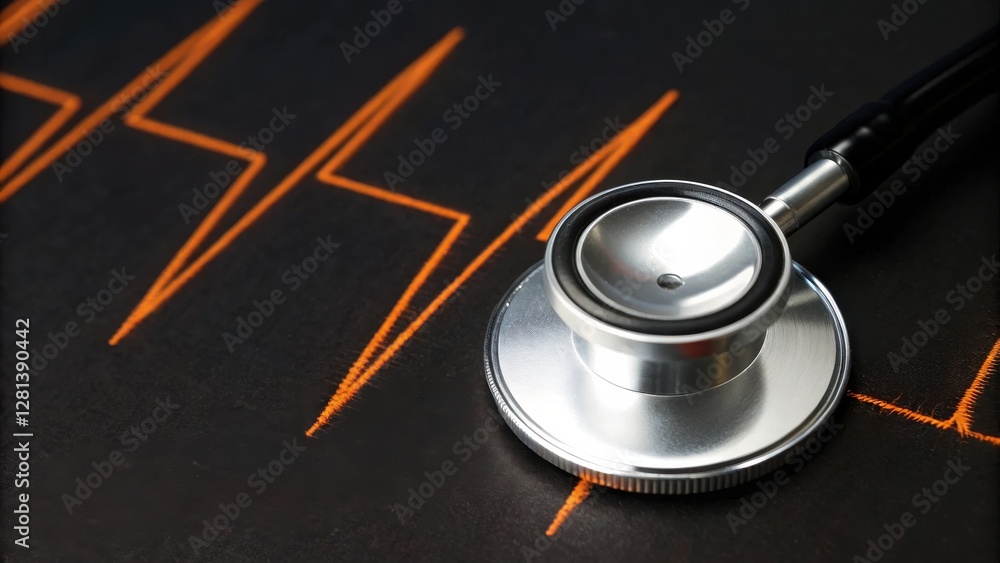 Aufkleber stethoscope on an electrocardiogram with heartbeat lines in the background.