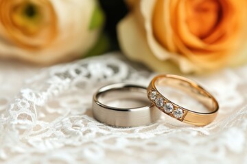 Elegant Wedding Rings on Lace Fabric Romantic Setting Close-Up Photography Soft Natural Light Symbol of Love