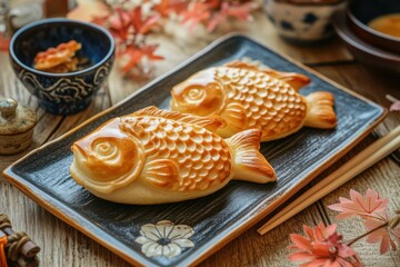 Delicious Taiyaki Fish-Shaped Pastries Served on Elegant Plate Autumn-Inspired Setting Food Photography Cozy Atmosphere
