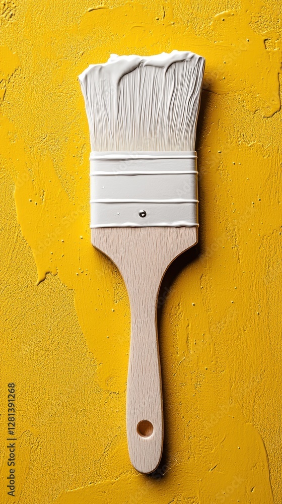 Poster artistic paintbrush with white paint on a yellow textured background capturing the essence of creati