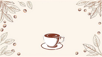 Aromatic Coffee Cup Surrounded by Fresh Leaves and Coffee Beans on Soft Beige Background for Warmth