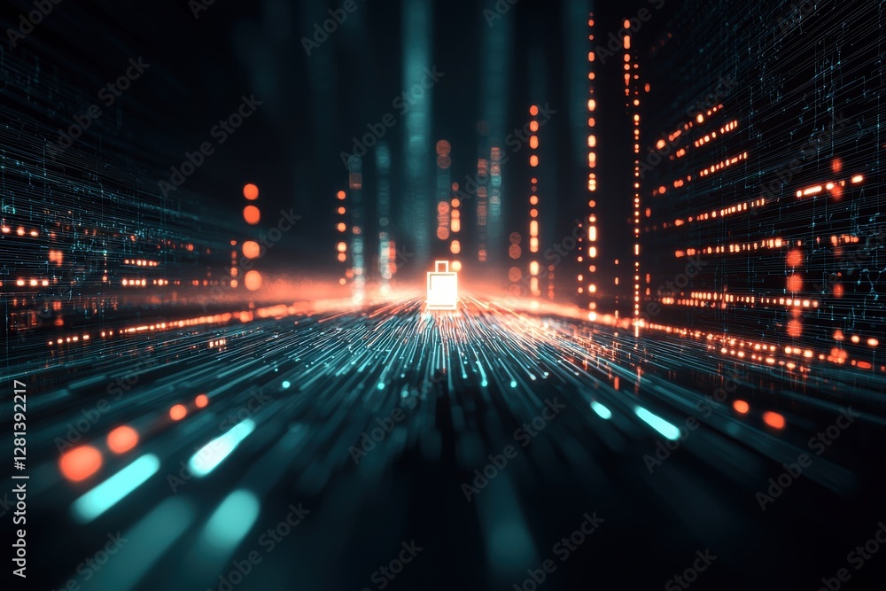 Poster a futuristic digital landscape with glowing data streams converging towards a light source, represen