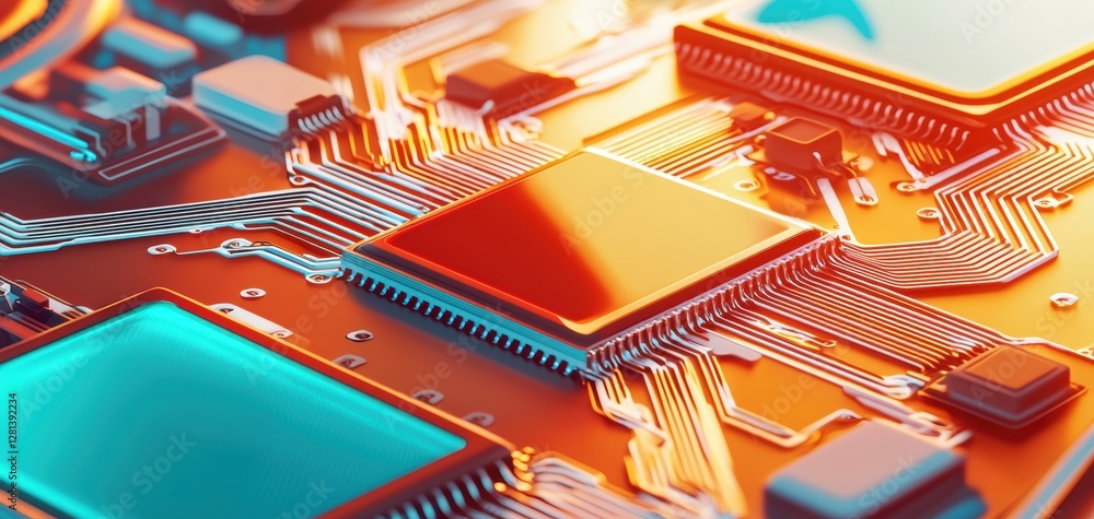 Poster a close-up view of a colorful circuit board featuring microchips and intricate pathways, highlightin