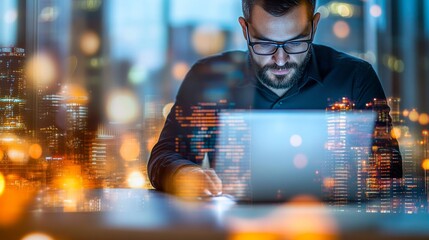 Focused Professional: A Hispanic Man Navigates a Digital Cityscape of Ideas