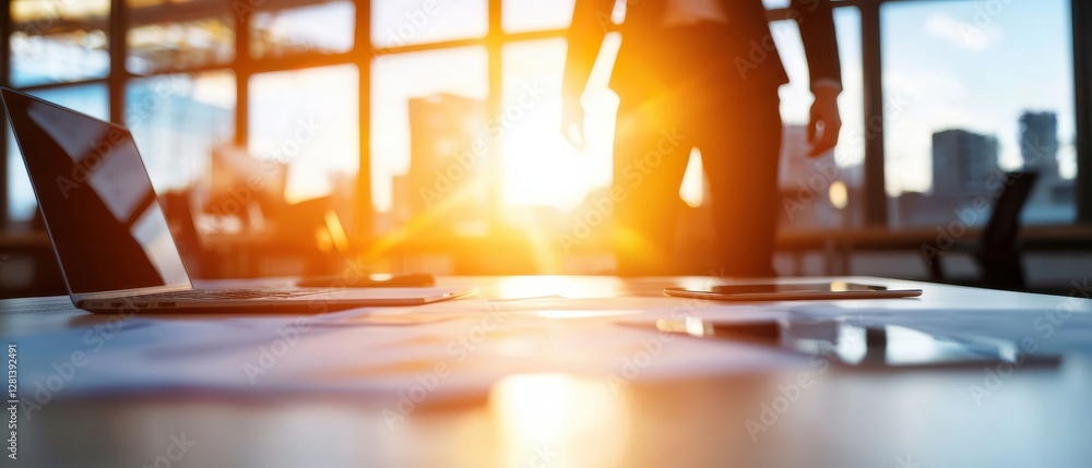 Poster a person stands near a table with smartphones and papers, illuminated by sunlight streaming through 