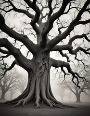 Naklejka premium Ancient Bare Trees Represented Against a Foggy Background