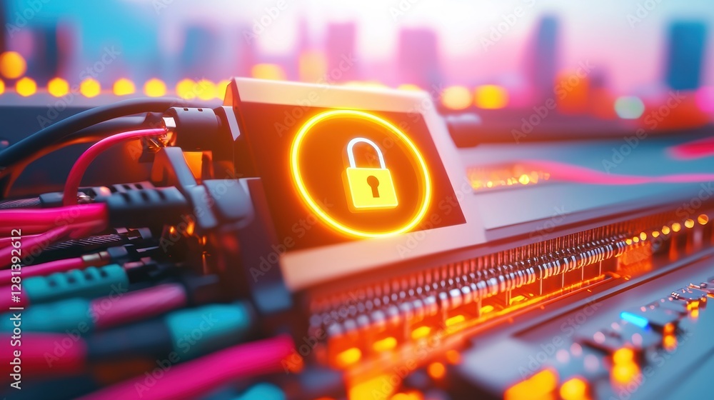 Poster a glowing padlock symbol on a computer circuit board, emphasizing cybersecurity in a vibrant, tech-i