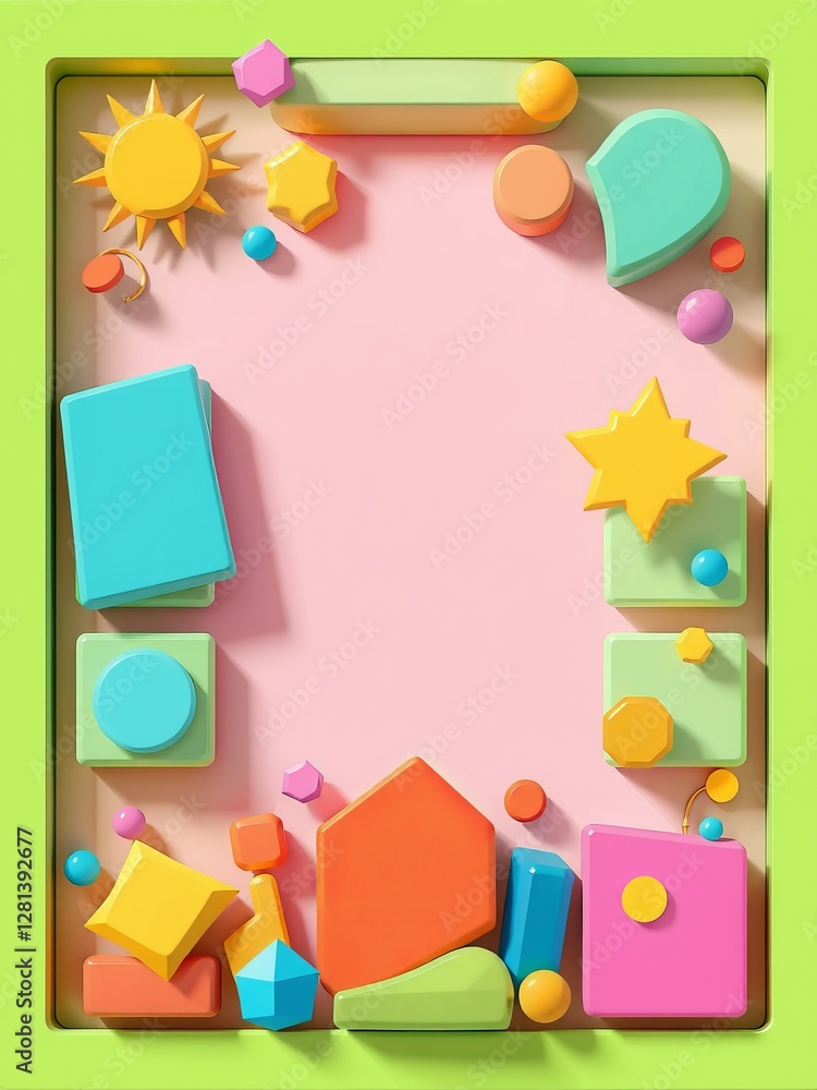 Poster vibrant colorful shapes on soft pink background creating a playful and energetic abstract visual sce