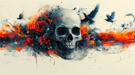 A human skull surrounded by vibrant flowers and birds in flight