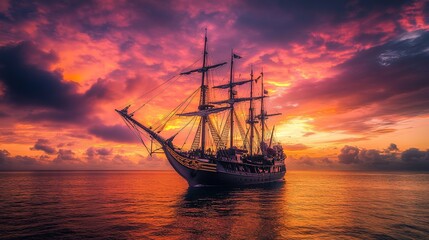 Obraz premium Majestic Tall Ship Sailing at Sunset Over Ocean Waters