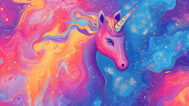 fondo pintado en acuarela o acrilico con un unicornio colorido y llamativo con colores vivos y vibrantes con espacio de copia dise&ntilde;o infantil invitacion o tarjeta