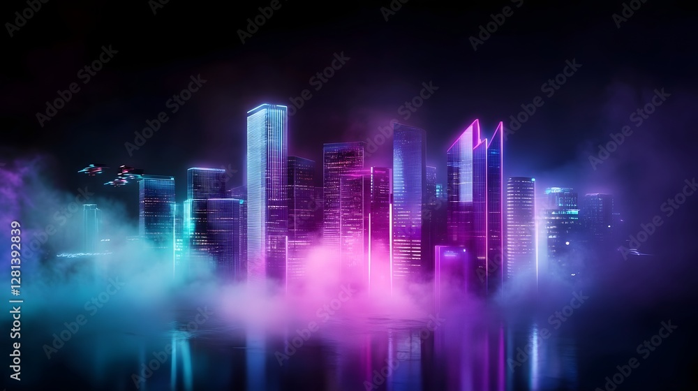 Poster stunning futuristic cityscape at night with vibrant neon lit skyscrapers and their mesmerizing refle