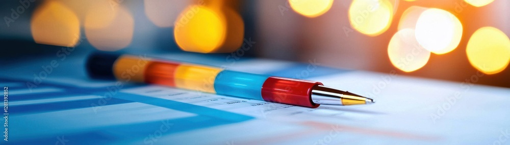 Poster a colorful pen rests on a notepad, with a blurred background of warm lights creating a cozy atmosphe