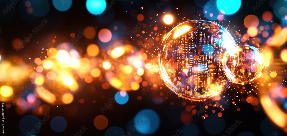 Poster a vibrant abstract representation with glowing orbs and colorful light trails, evoking a sense of en