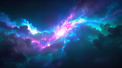 Red and blue light and shadows weaved in the depths of a cosmic nebula.