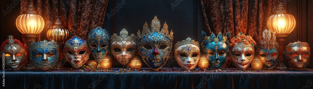 Poster a display of ornate masks in various colors and designs, illuminated by soft lighting, creating an i