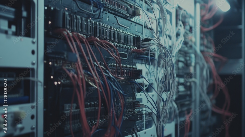 Poster intricate wiring of a complex server rack system