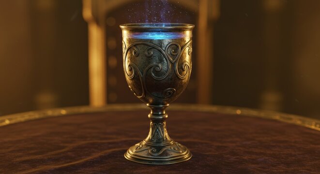 Enigmatic chalice shimmering with celestial blue elixir on a golden surface