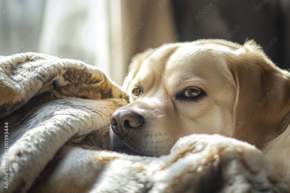 Poster golden retriever resting on a cozy blanket near a sunlit window in a warm indoor setting. generative