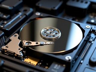 Close up of Computer Hard Drive Platter and Read Write Head Mechanism