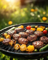 Delicious grilled meatballs and colorful vegetables on a barbecue grill in a sunny garden setting outdoor cooking