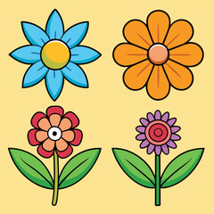 Four colorful cartoon flowers in a cheerful design.