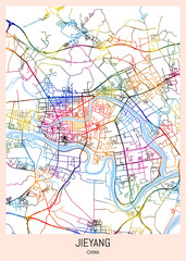 Jieyang China City Map, downtown tourism, house art travel, scenic metropolis concept, travel art city, patriotic abstract banner