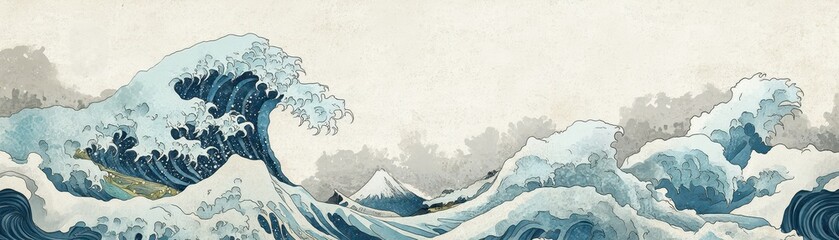 Muted gray and blue Japanese wave pattern layered over a traditional rice paper texture