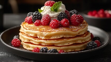Delicious stack of golden pancakes topped with fresh raspberries, blackberries, whipped cream, and powdered sugar.