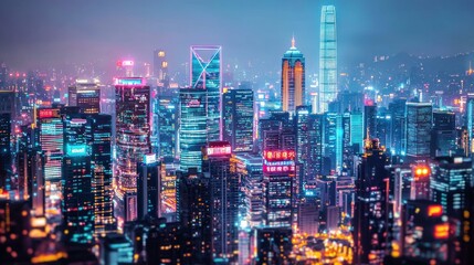 Fototapeta premium Neon Hong Kong Skyline at Night: A Dazzling Cityscape