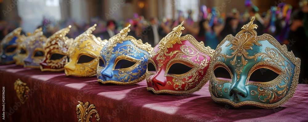 Poster a colorful array of ornate masks displayed on a table, highlighting intricate designs and vibrant co