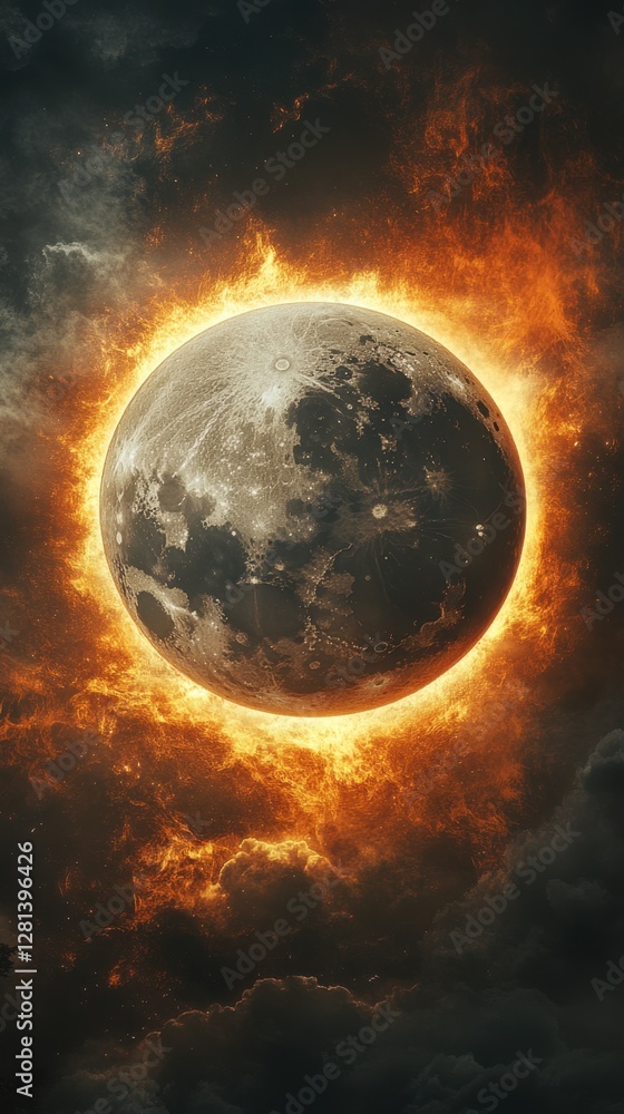 Poster dramatic lunar eclipse amidst fiery clouds a celestial spectacle of light and shadow for space explo